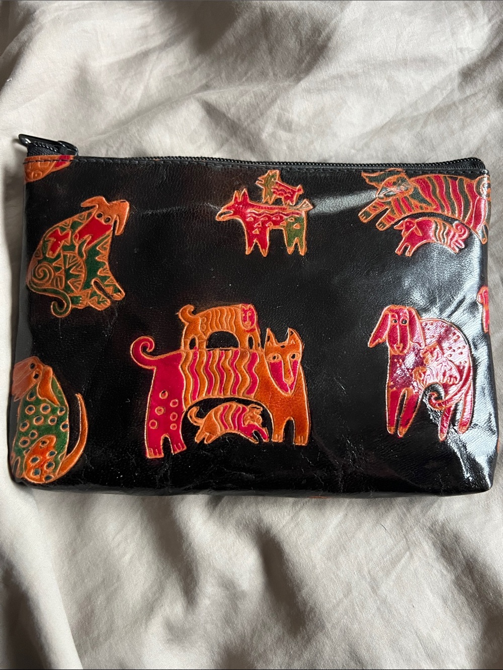 Laurel Burch Black Cosmetic Pouch with Orange, Pink and Green Dog Designs
